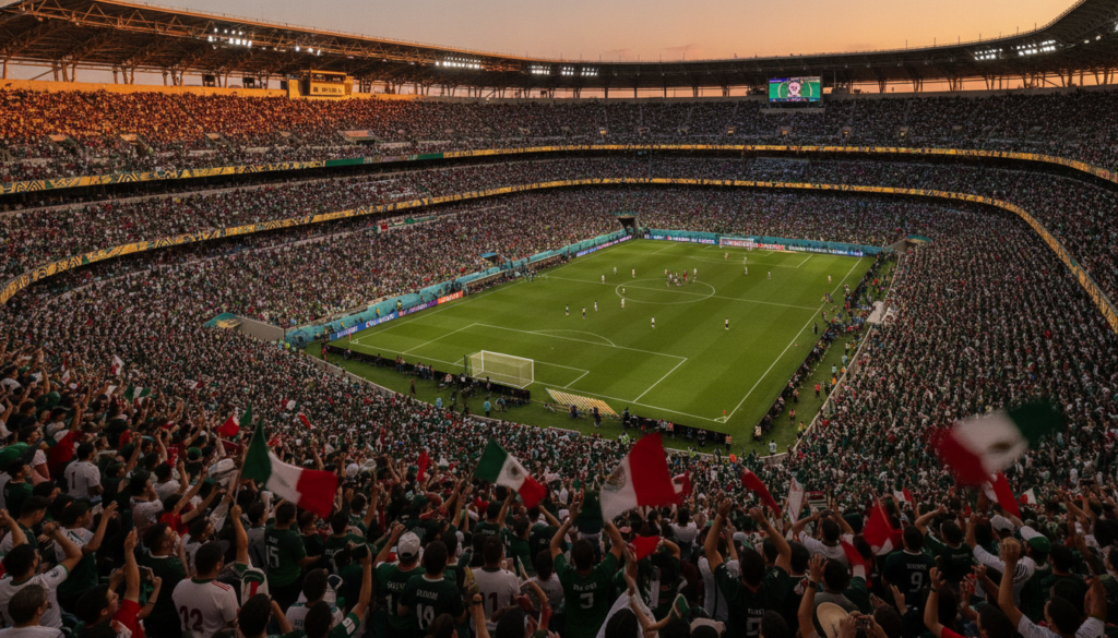 Estadio de futebol lotado com torcedores mexicanos de verde e branco durante Copa 2026