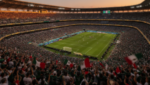 Estadio de futebol lotado com torcedores mexicanos de verde e branco durante Copa 2026