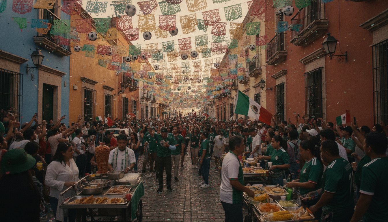 Rua colonial mexicana com bandeiras e festividades durante Copa do Mundo 2026