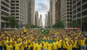 Torcedores brasileiros de amarelo e verde celebrando em rua americana durante Copa 2026