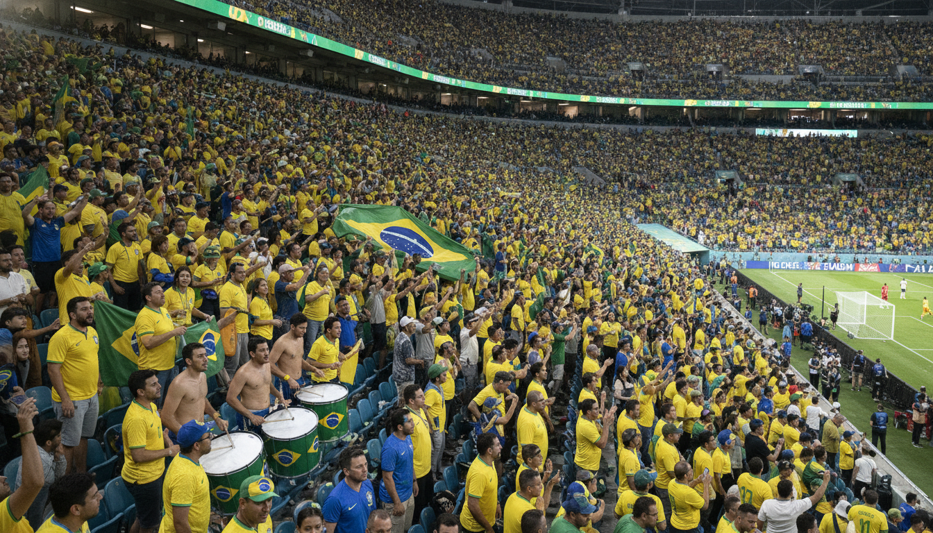 Torcedores brasileiros com bandeiras em estadio americano durante Copa 2026