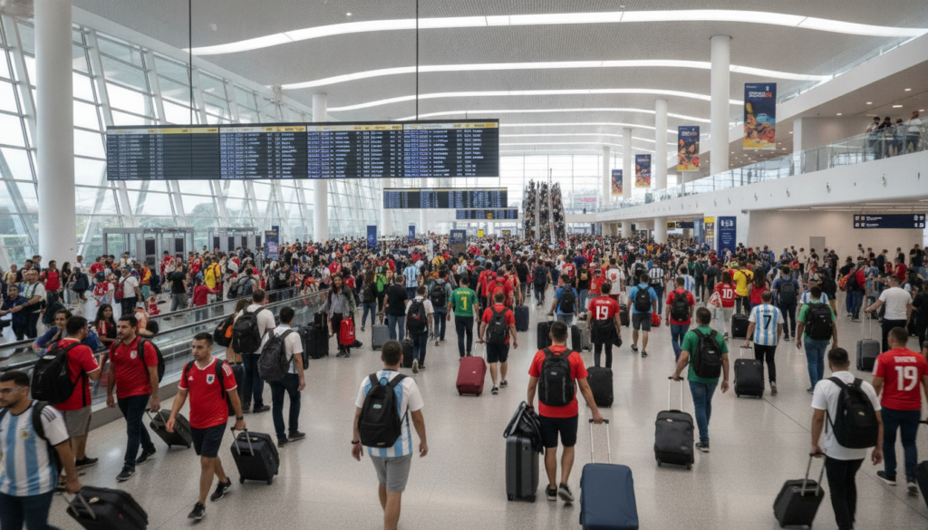 Terminal de aeroporto moderno com torcedores internacionais durante Copa 2026