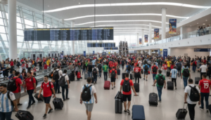 Terminal de aeroporto moderno com torcedores internacionais durante Copa 2026