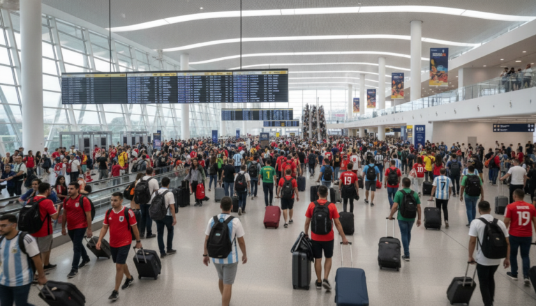Terminal de aeroporto moderno com torcedores internacionais durante Copa 2026