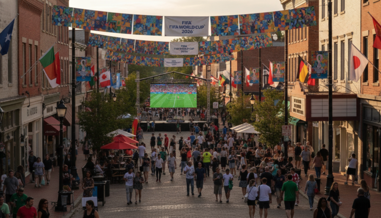 Cidade americana decorada com bandeiras da Copa do Mundo 2026