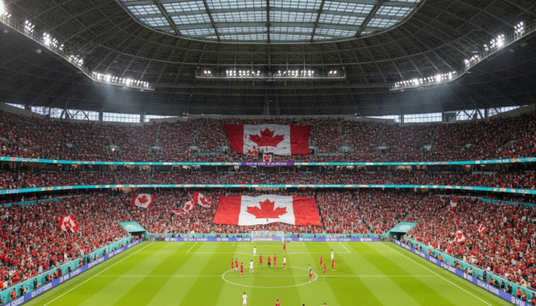Estadio canadense com bandeiras vermelhas e brancas do Canada durante Copa 2026
