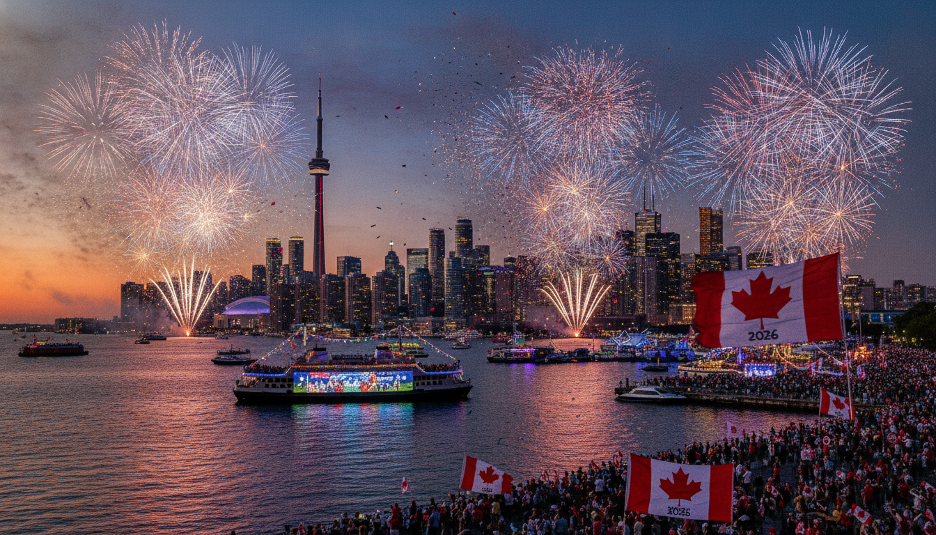 Vista panoramica de Toronto com celebracoes noturnas da Copa 2026