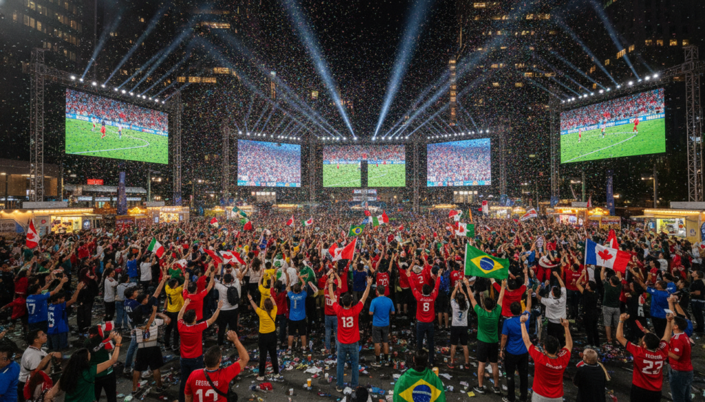 Fan fest massiva com telao e milhares de torcedores na Copa 2026