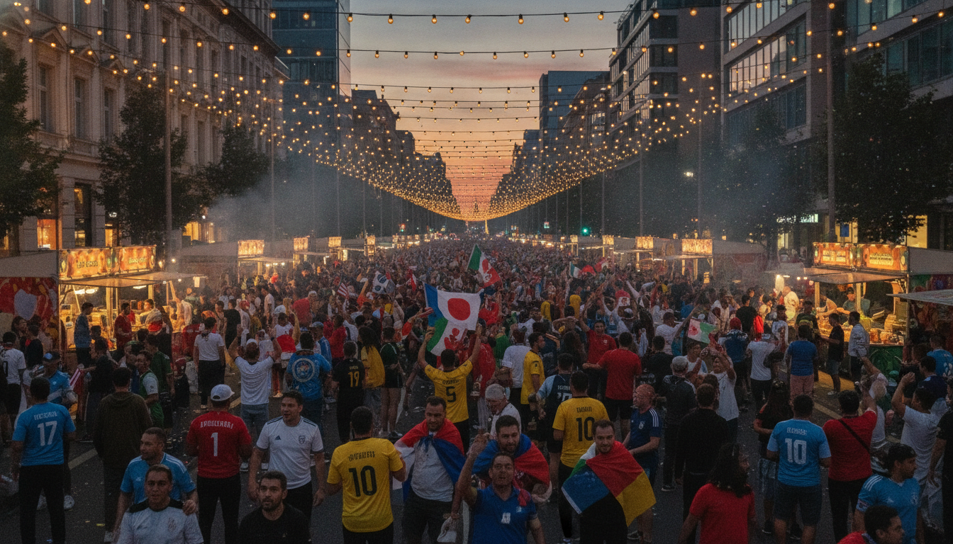Festa de rua multicultural com torcedores internacionais durante Copa 2026