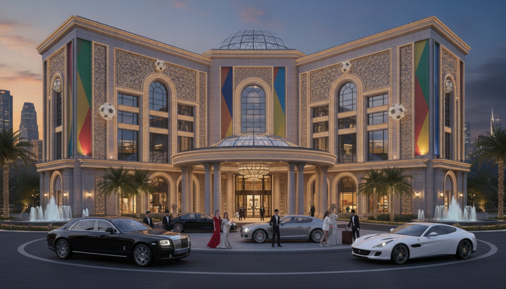 Fachada de hotel de luxo decorado para a Copa do Mundo 2026