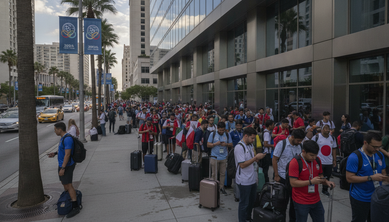 Fila de turistas esperando entrada em hotel durante Copa 2026