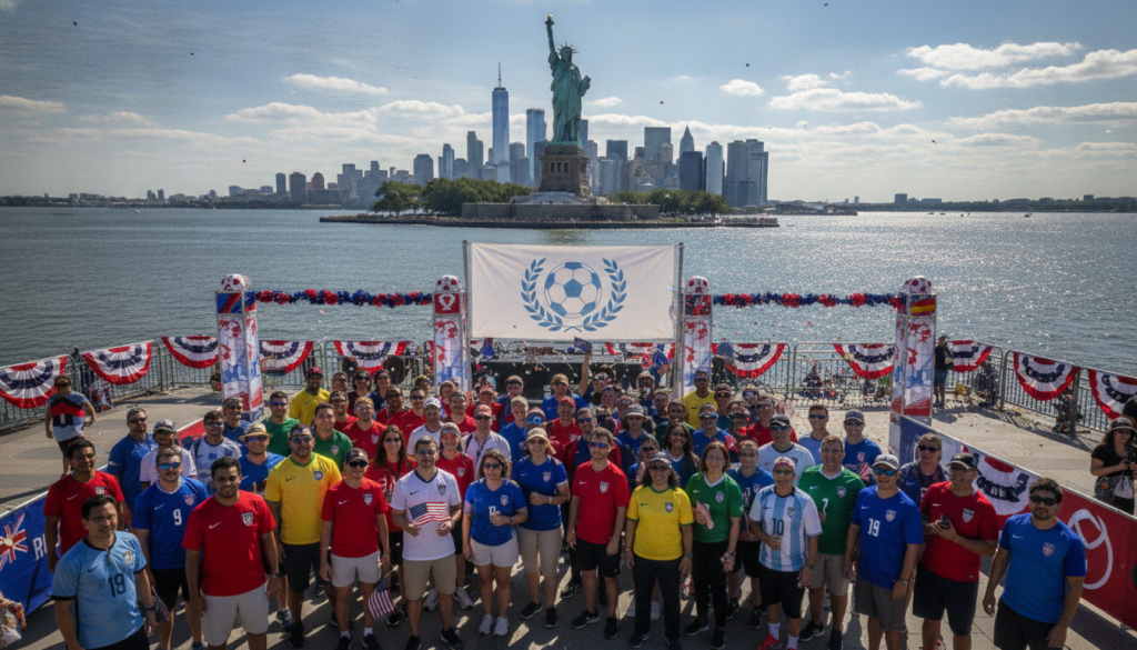 Estatua da Liberdade com turistas de camisetas de futebol na Copa 2026