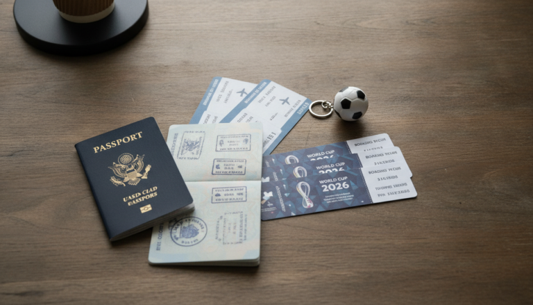 Passaportes passagens e ingressos da Copa do Mundo 2026 sobre mesa