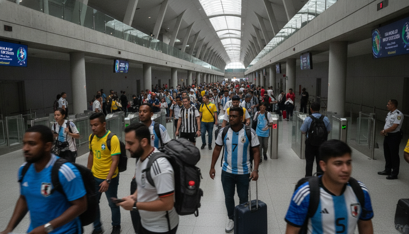 Torcedores internacionais diversificados em terminal durante Copa 2026