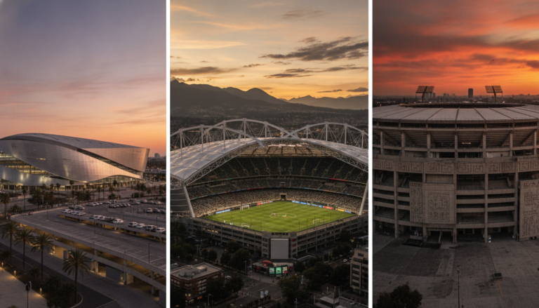 Tres estadios iconicos representando EUA Canada e Mexico na Copa 2026