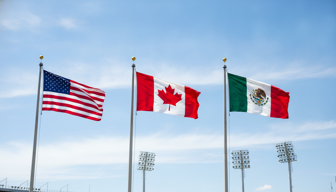 Bandeiras de EUA Canada e Mexico hasteadas juntas para Copa 2026