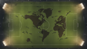 Vista aerea simbolica de campo de futebol representando Copa 2026