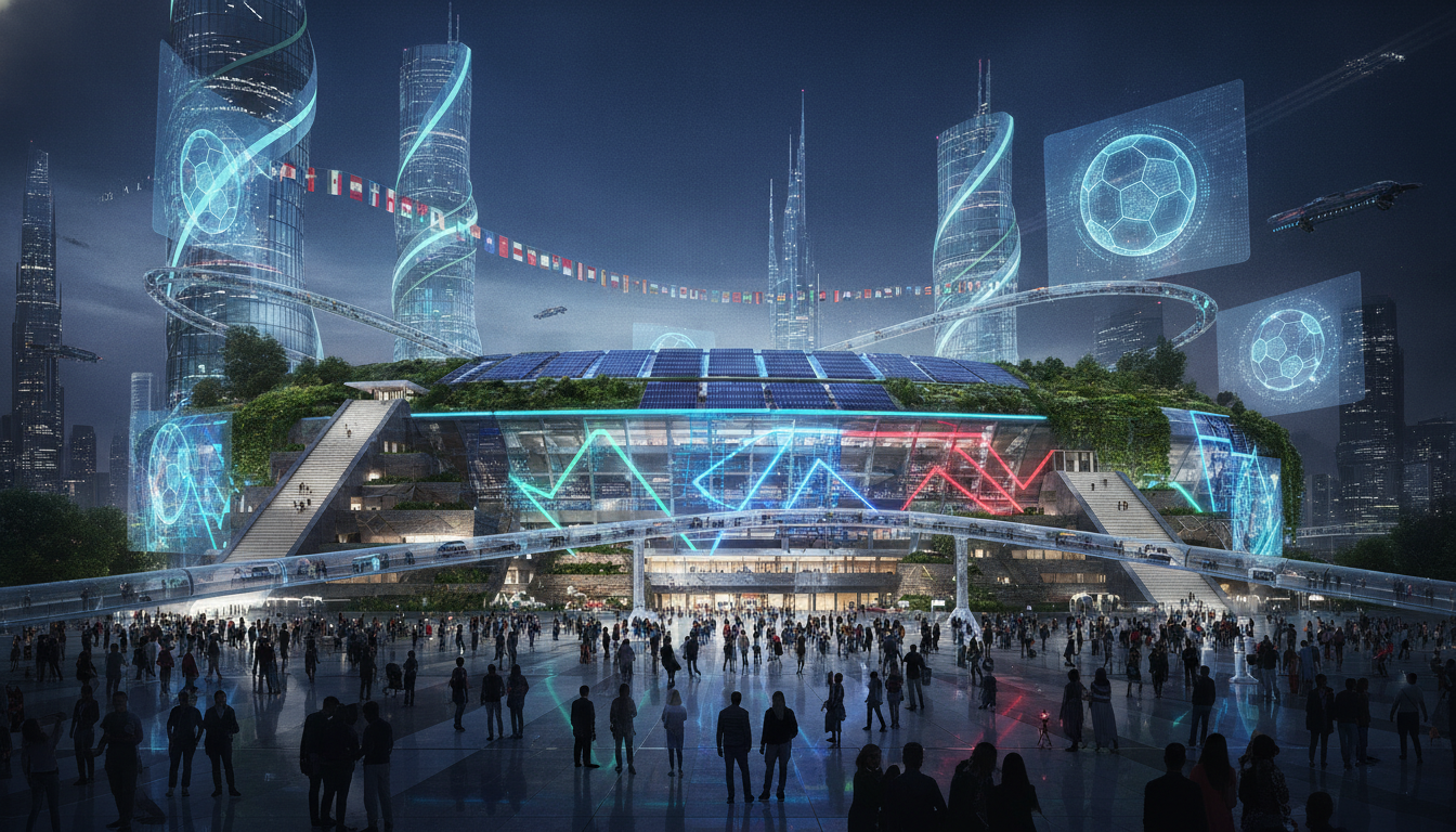 Visao futurista de estadio de Copa do Mundo com elementos dos tres paises