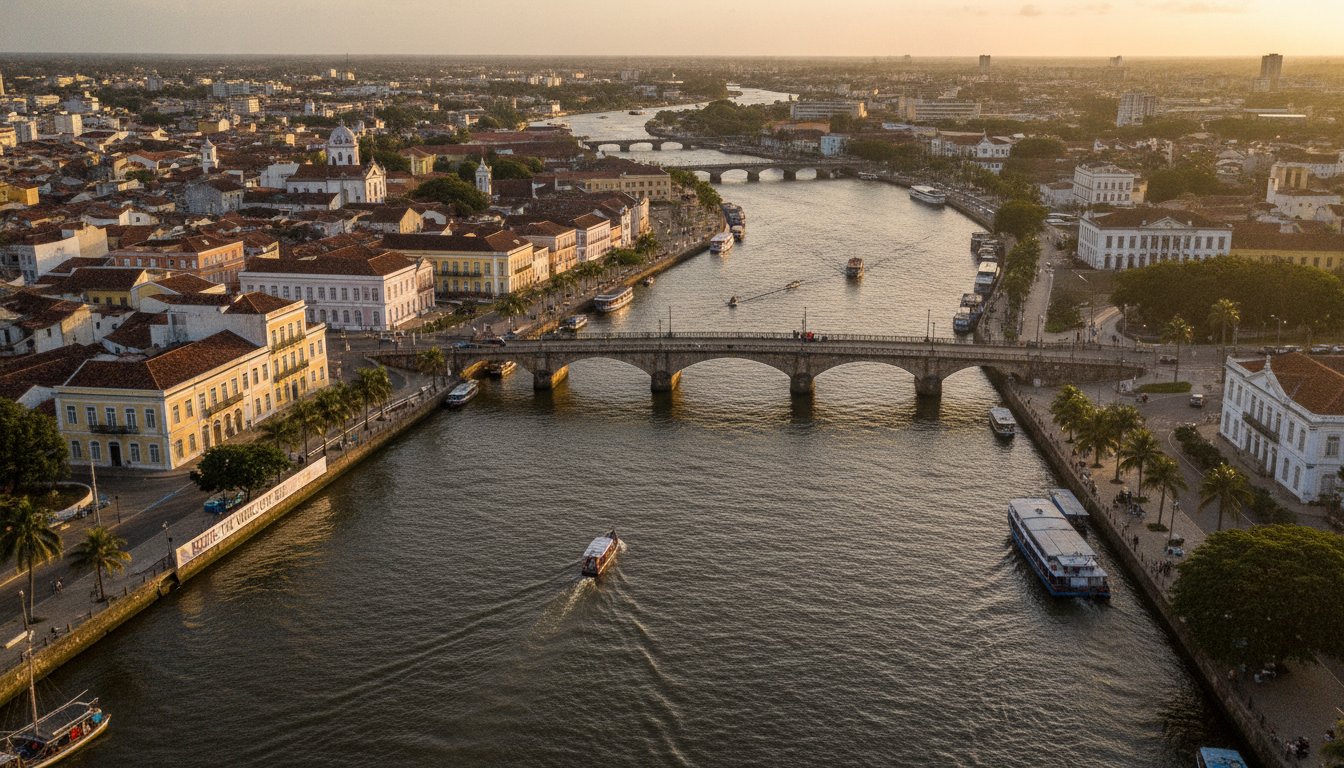 Recife com pontes sobre rios e canais, arquitetura colonial e barcos na água