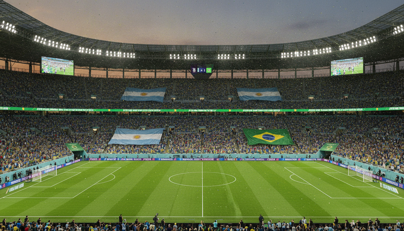 Arena de Pernambuco decorada com bandeiras da Argentina e do Brasil para a Copa do Mundo de 2026