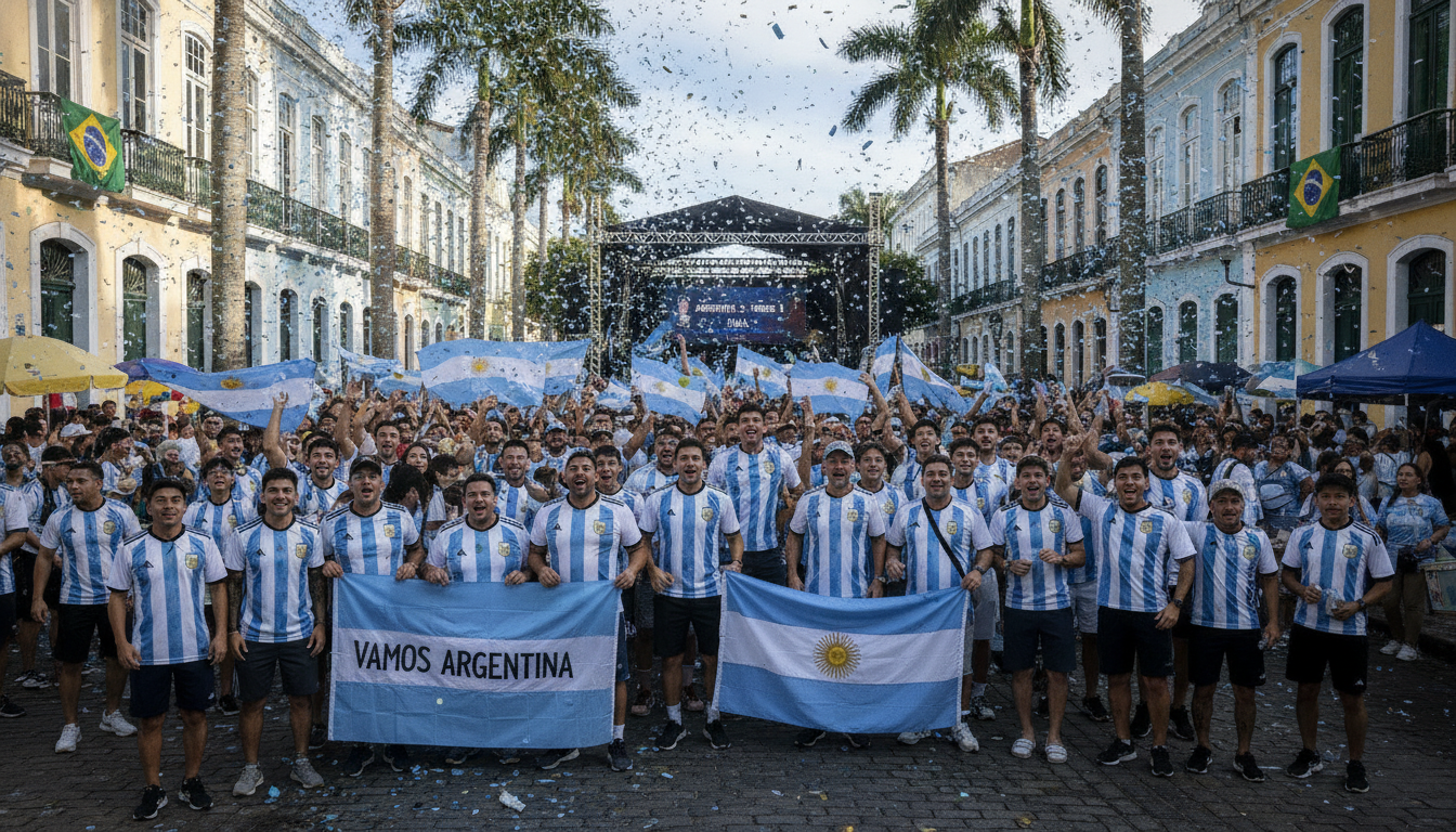 Torcedores argentinos com camisas albiceleste celebrando nas ruas do Recife durante a Copa do Mundo de 2026