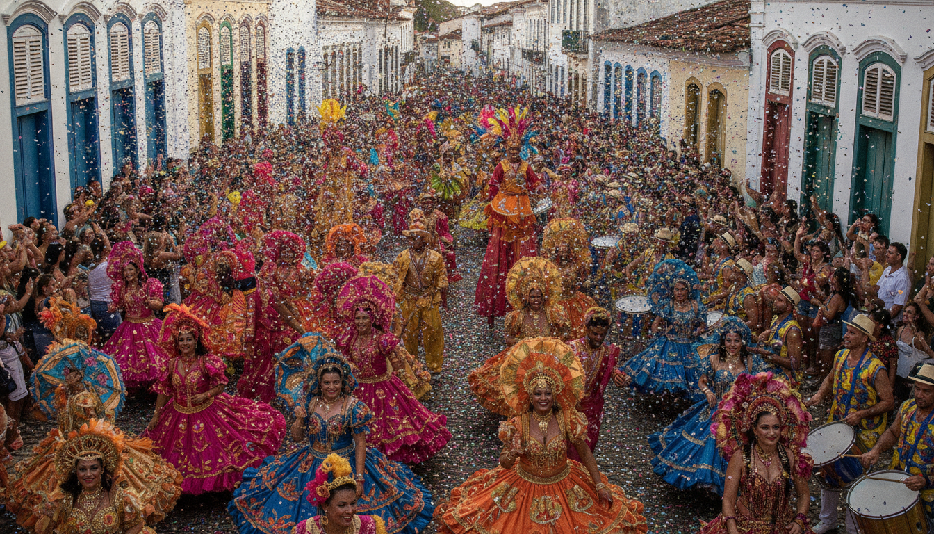 Celebração vibrante do Carnaval de Olinda com fantasias coloridas, dançantes e confete nas ruas