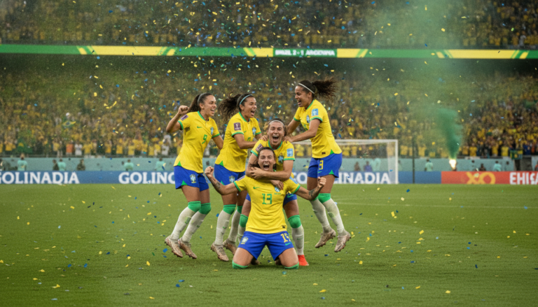 Jogadoras da selecao brasileira feminina comemorando gol na Copa do Mundo 2027