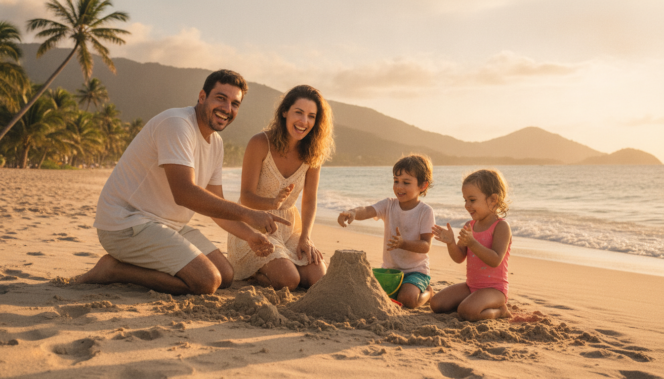 Família feliz com crianças brincando na praia tropical, construindo castelos de areia