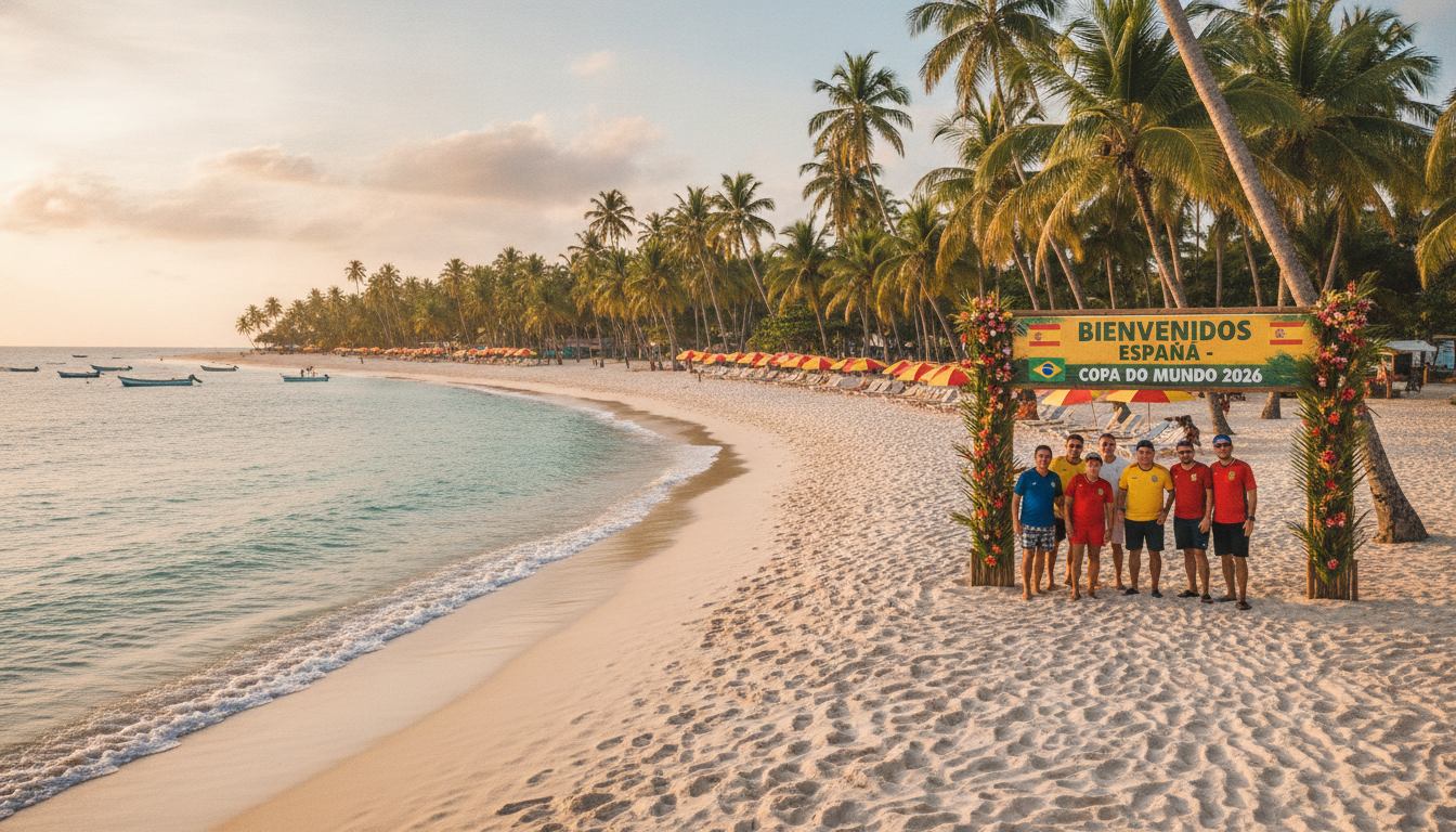 Praia de Boa Viagem em Recife com turistas aproveitando o sol durante a Copa do Mundo de 2026