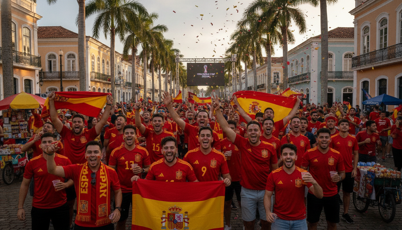 Torcedores espanhóis com bandeiras vermelhas e amarelas celebrando em Recife durante a Copa do Mundo de 2026
