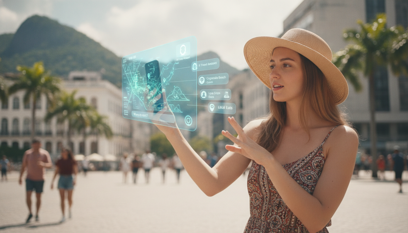Turista usando smartphone com assistente de IA, interface holográfica mostrando recomendações