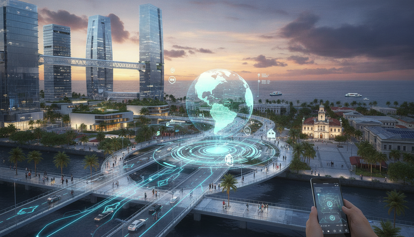 Cidade inteligente com conceitos de IA sobreposta a Recife, navegação digital e aplicativos de turismo