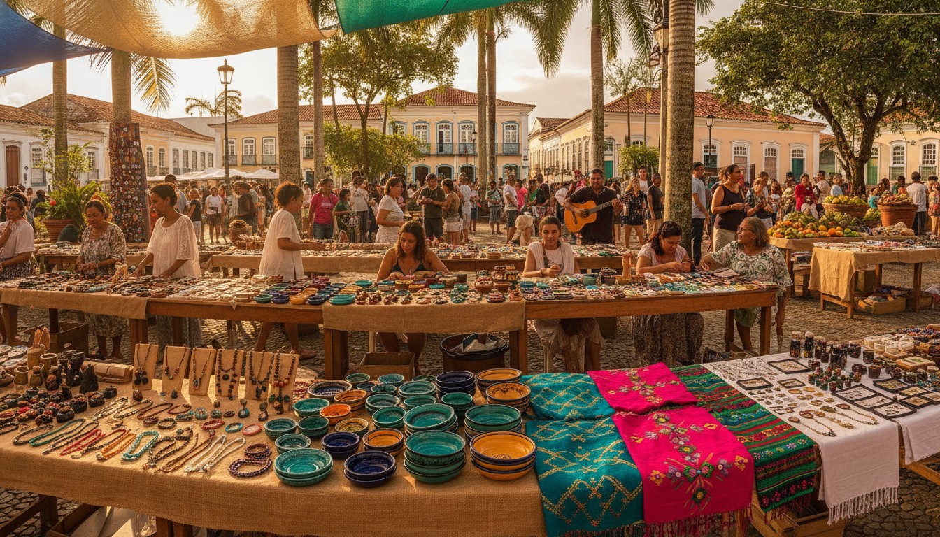 Feira de artesanato em Recife com joias, tecidos e cerâmicas coloridas