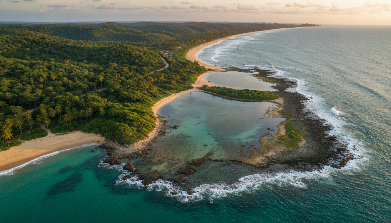 Vista aérea de piscinas naturais em Pernambuco com águas cristalinas e vegetação tropical
