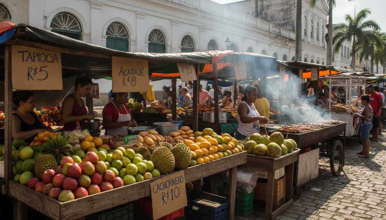 Mercado de frutas tropicais em Recife com abacaxi, manga e outras frutas, mostrando a gastronomia acessível da cidade