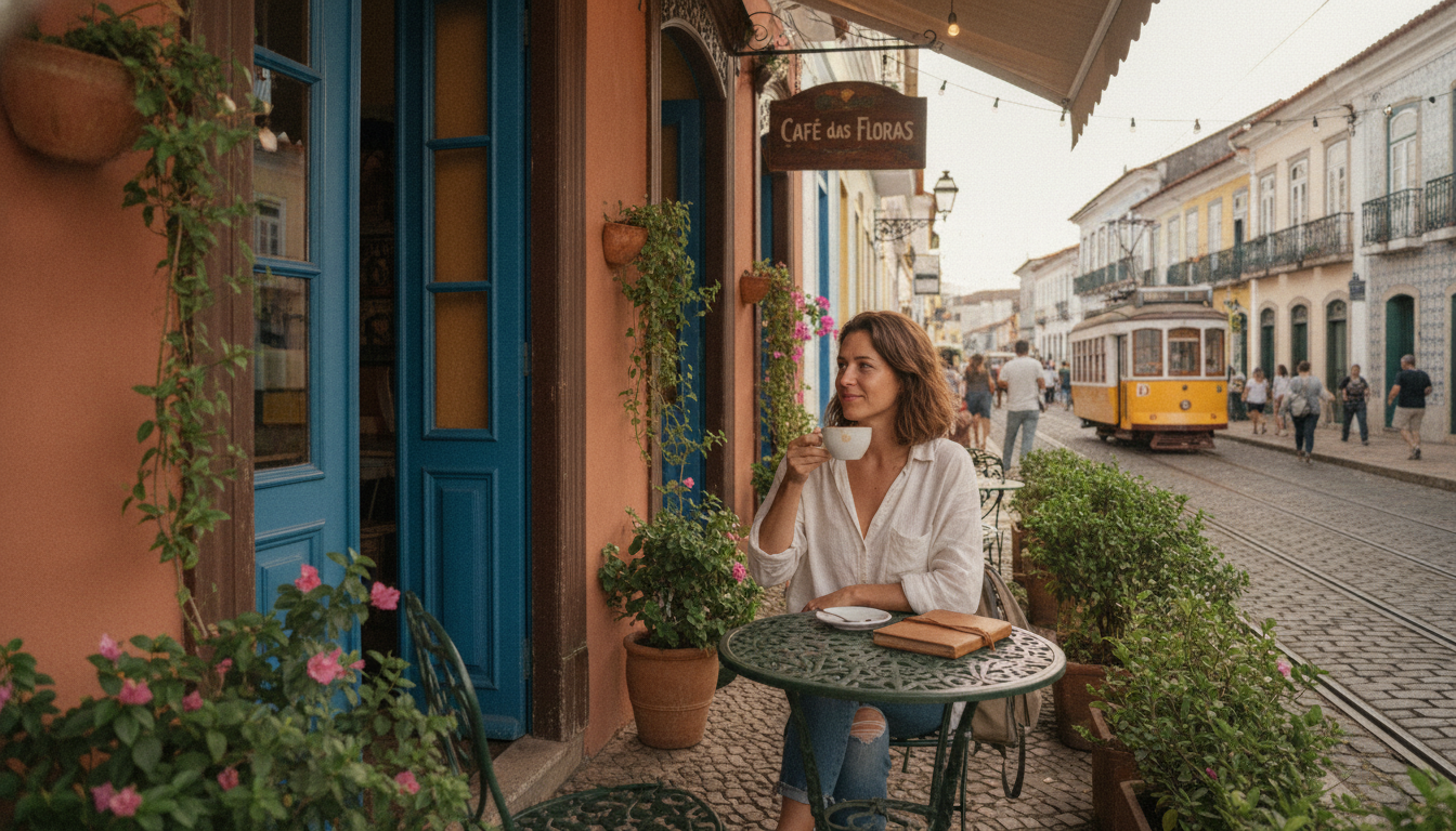 Viajante solo tomando café em cafeteria charmosa em bairro colonial