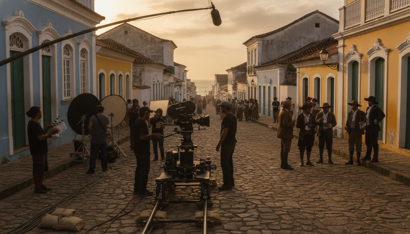 Rua histórica em Olinda com edifícios coloridos e equipamentos de filmagem cinematográfica