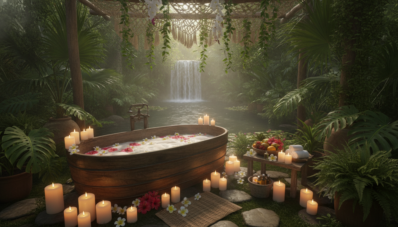 Espaço de spa natural com plantas tropicais, banho de madeira e velas