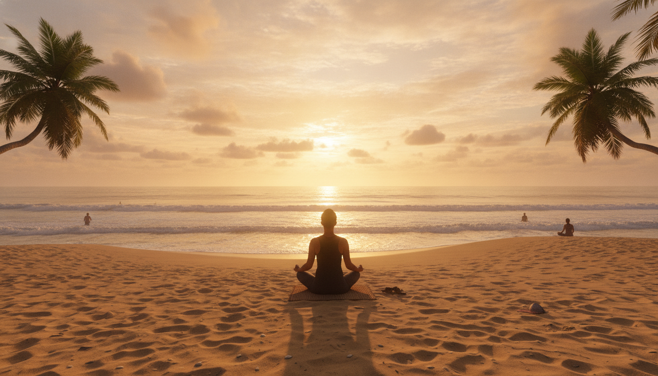 Sessão de yoga na praia ao nascer do sol em Recife, pessoa meditando na areia