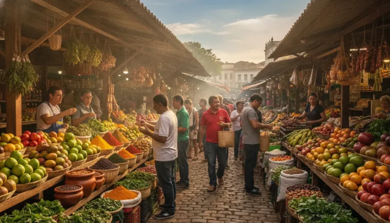 Mercado público de Recife com bancas de artesanato, frutas e produtos regionais