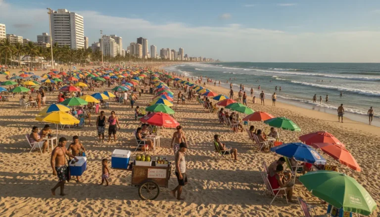 Praia urbana de Recife com coqueiros e mar, tema de viagem de 5 dias pela cidade